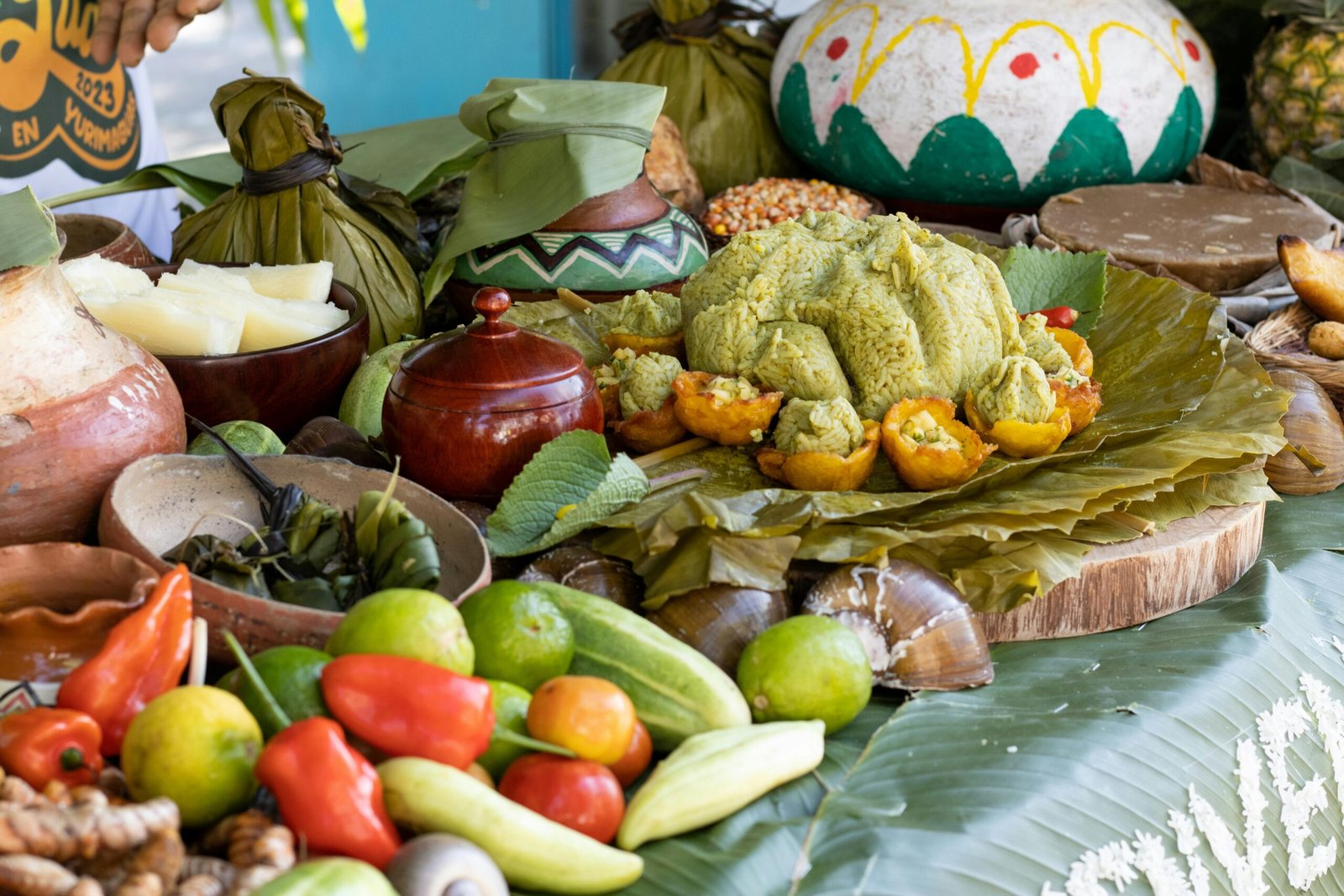 Traditional Amazonian cuisine featuring juane and local produce in Yurimaguas, Peru.